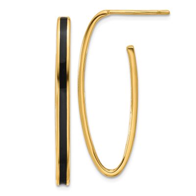 Black Enamel Oval J-Hoop Post Earrings 14k Gold Polished LE2613 196904171301