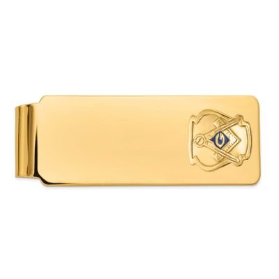 Men&#39;s Polished and Textured with Blue Enamel Masonic Medium Money Clip 14k Gold B57643-MCB