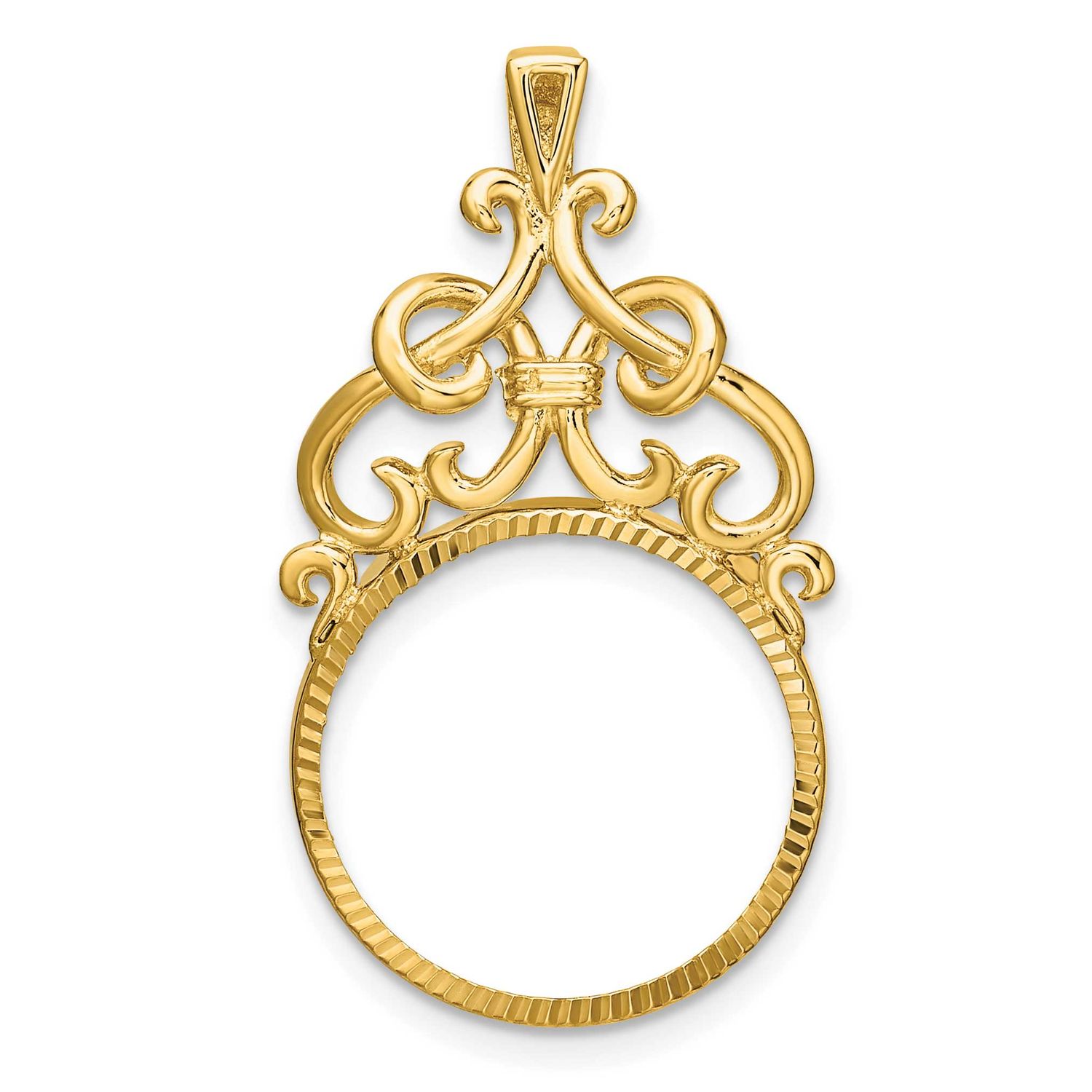 Fancy Filigree Top and Diamond-Cut 16.5mm Prong Coin Bezel Pendant 14k Gold Polished C1504D/16.5