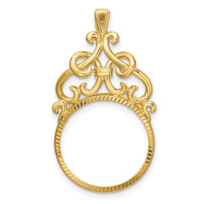 Fancy Filigree Top and Diamond-Cut 16.5mm Prong Coin Bezel Pendant 14k Gold Polished C1504D/16.5