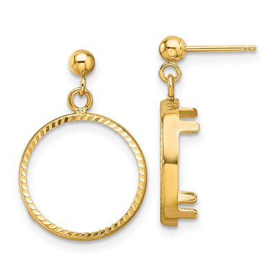 Diamond-Cut Classic 13.0mm Prong Coin Bezel Post Dangle Earrings 14k Gold Polished ER1801D/13.0