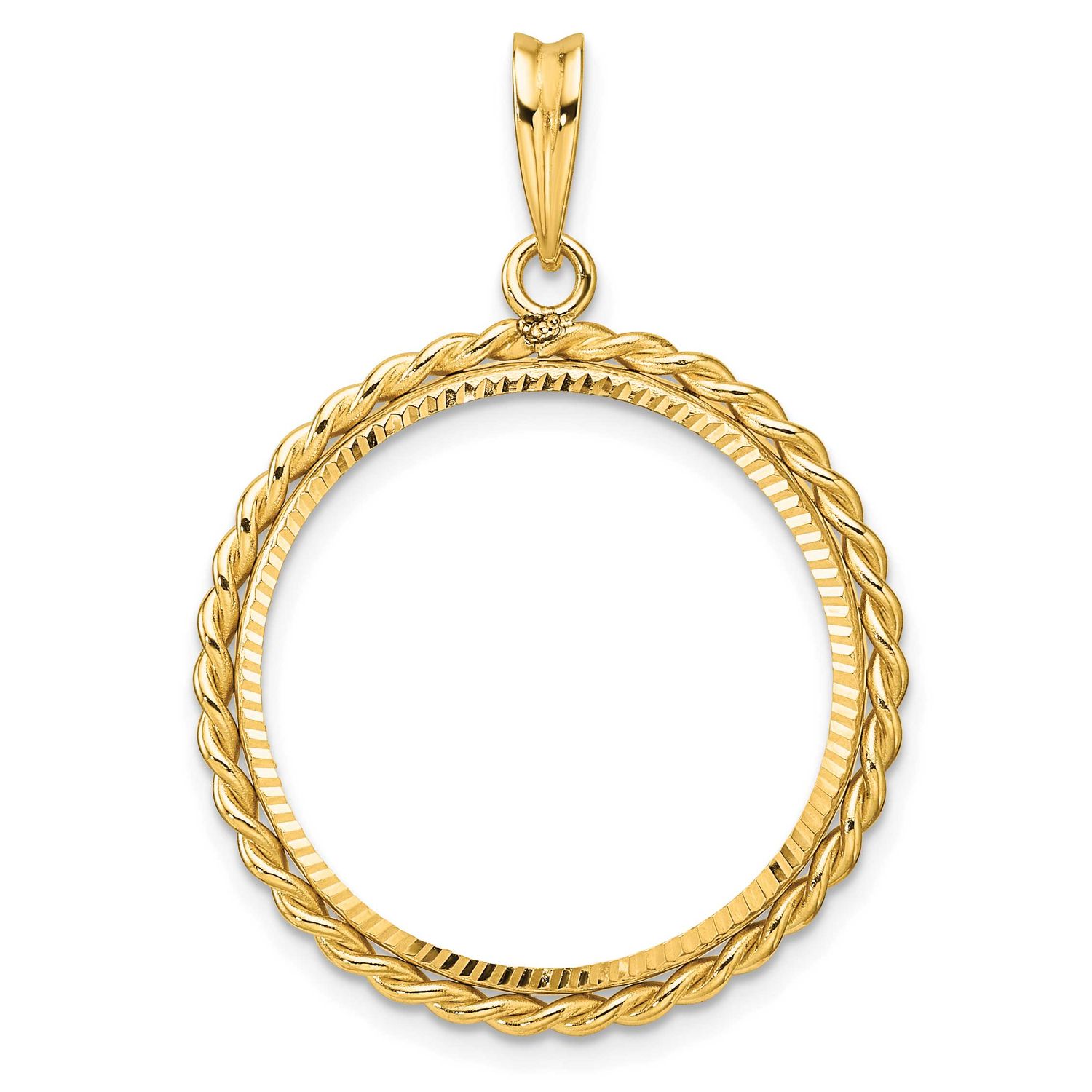 Diamond-Cut with Twisted Wire 22.0mm Prong Coin Bezel Pendant 14k Gold C1802D/22.0