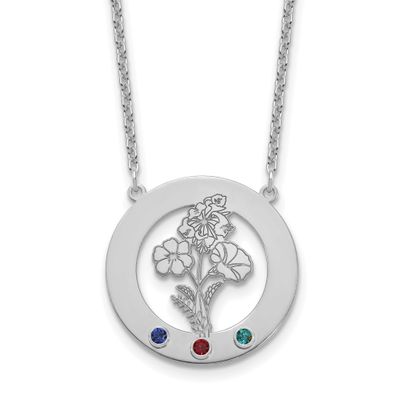 Circle with 3 Birth Flower and Birthstone Necklace Sterling Silver Rhodium-plated XNA1487/3SS