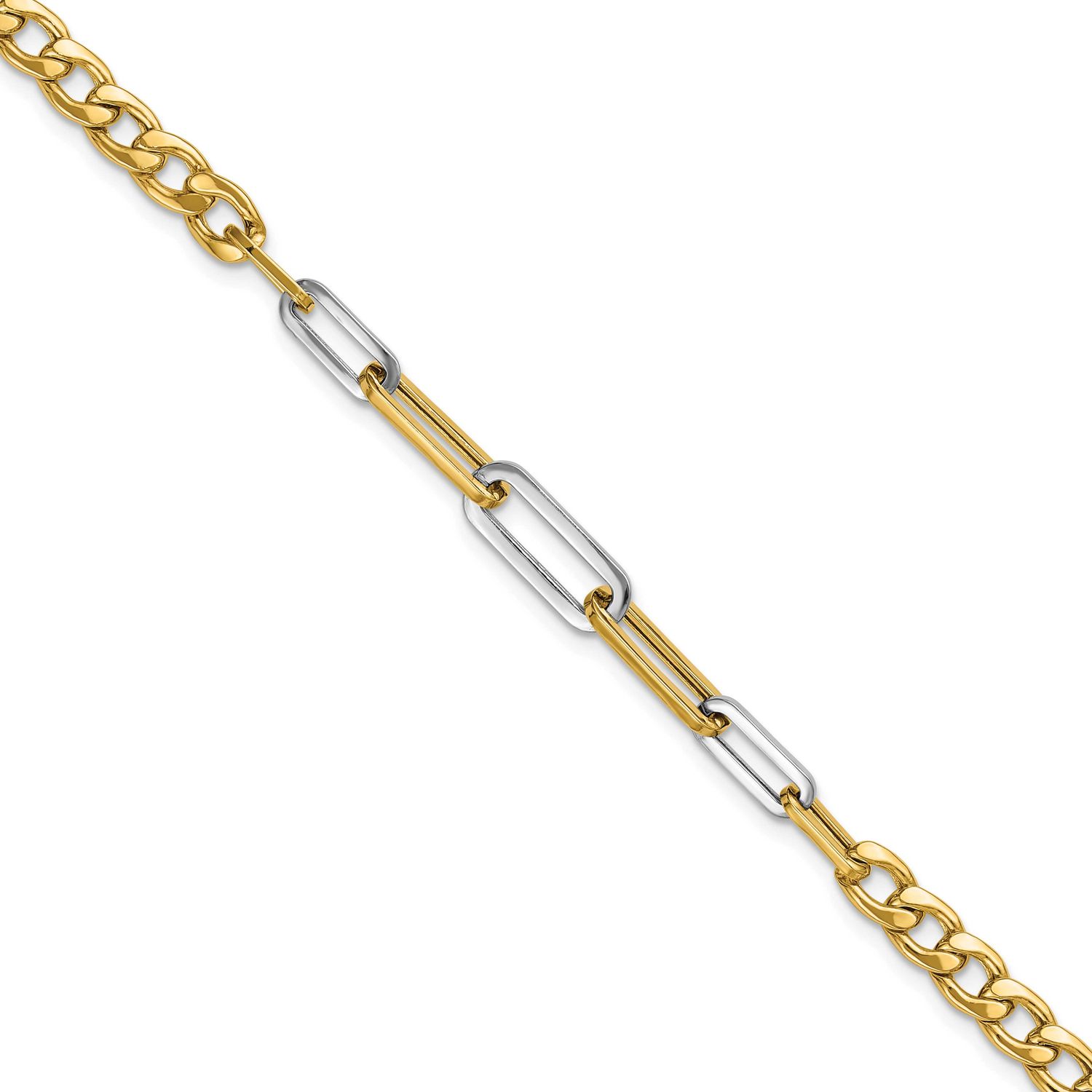 White Rhodium Polished Curb and Paperclip Link Bracelet 14k Gold LF2183-7.5