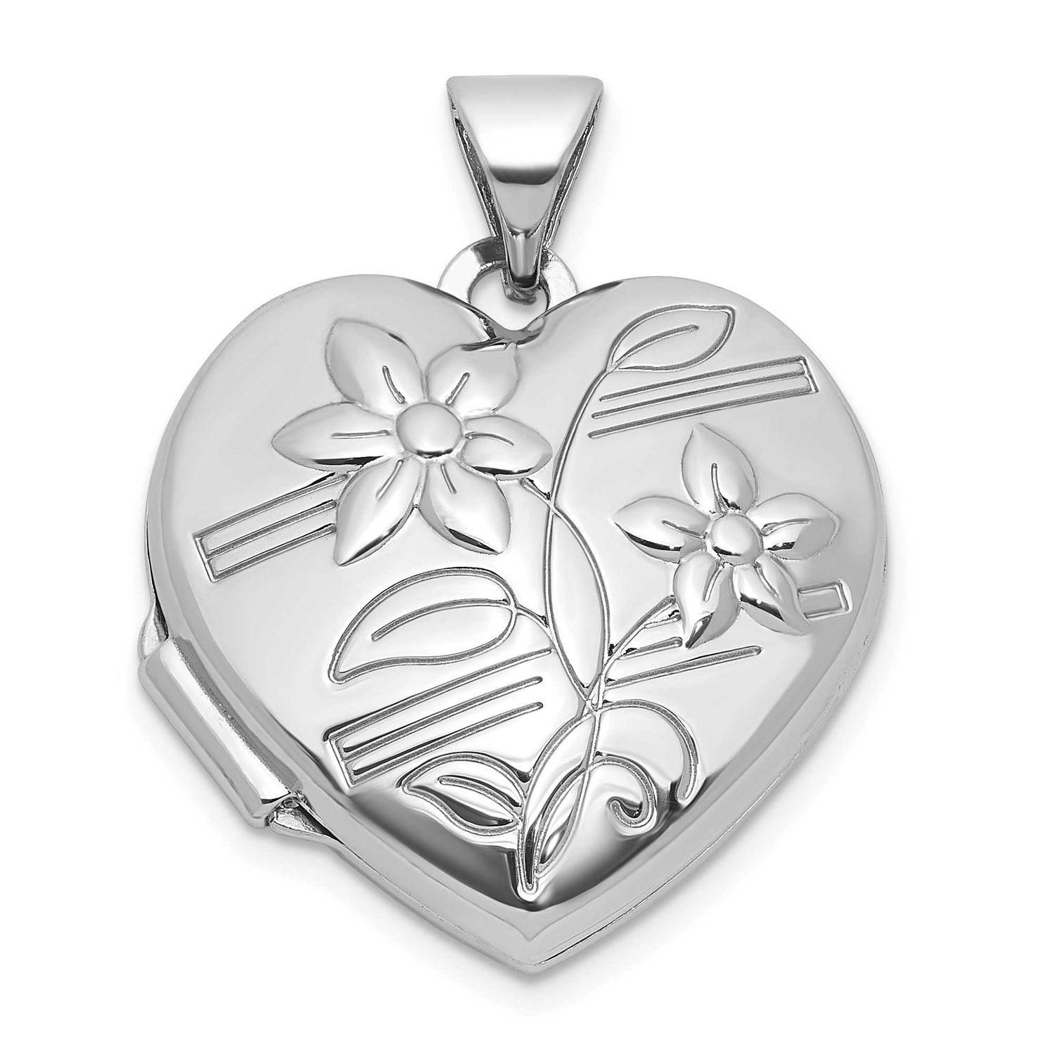 Polished Flower 18mm Heart Locket Sterling Silver Rhodium-plated QLS1221