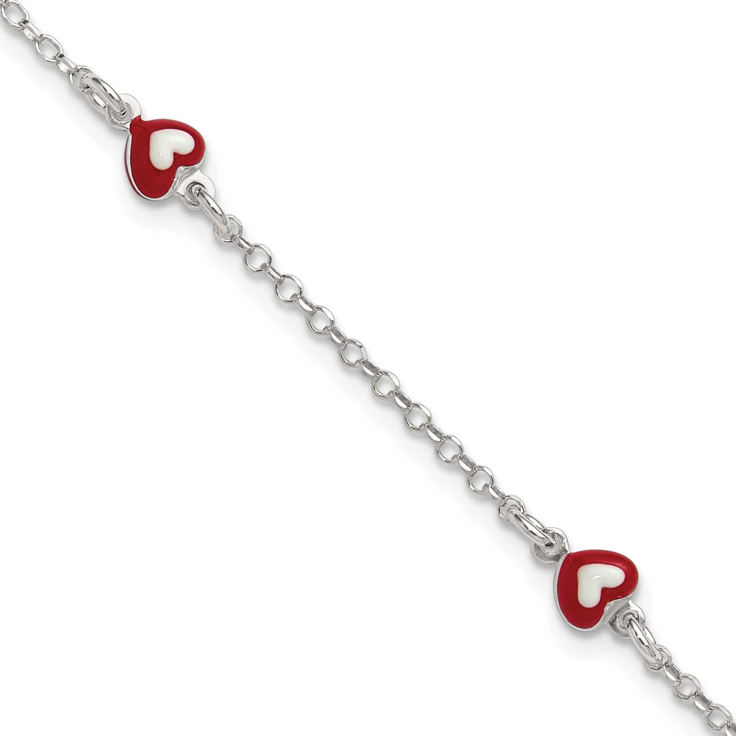 Enameled Heart 6 Inch with 1 Inch Extender Children&#39;s Bracelet Sterling Silver Polished QG7258-6