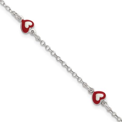 Enameled Heart 6 Inch with 1 Inch Extender Children&#39;s Bracelet Sterling Silver Polished QG7258-6