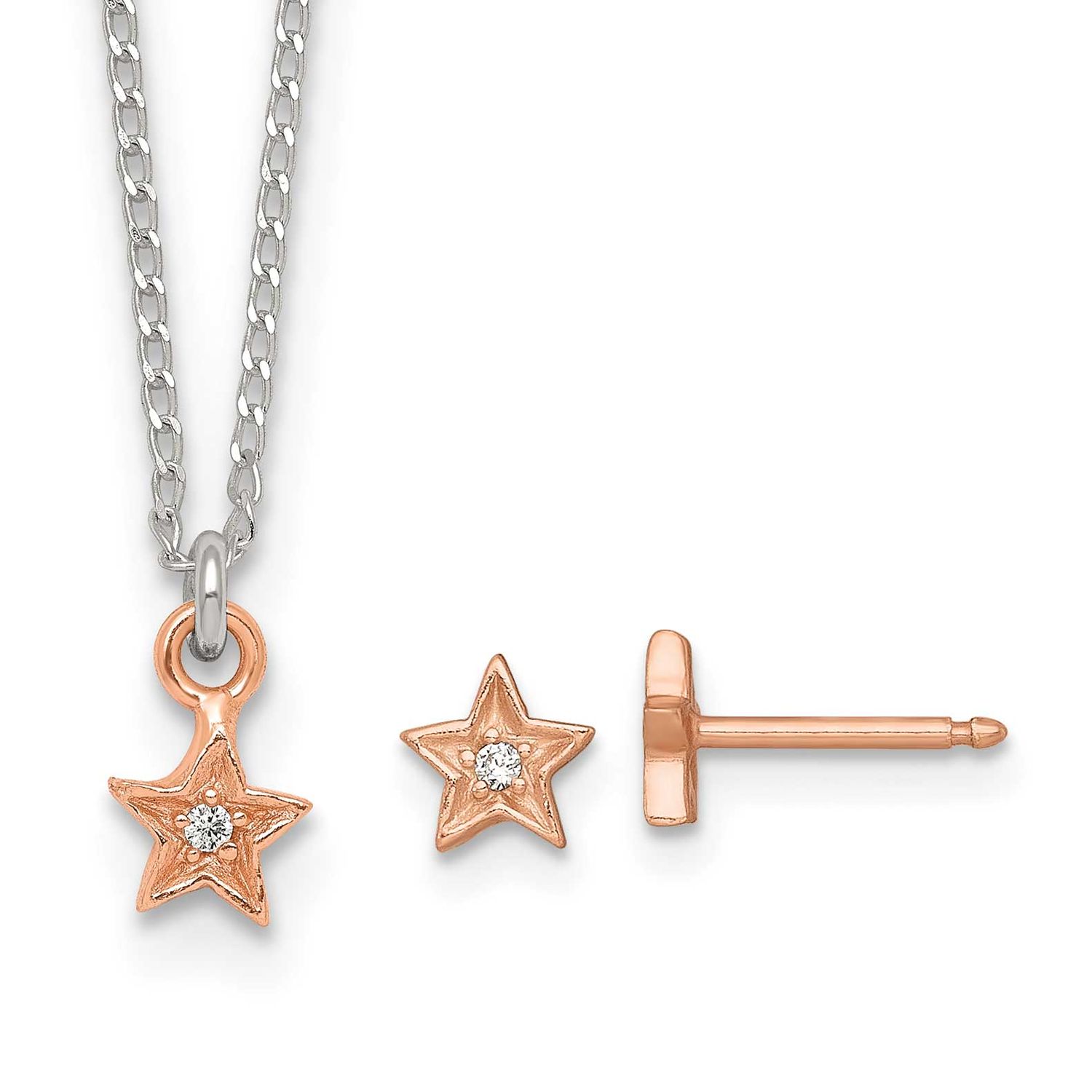 Rose-Tone CZ Star Children&#39;s Post Earring and Necklace Set Sterling Silver QST291SET