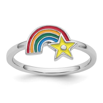 Children&#39;s Size 4 Multicolored Enameled Rainbow with Star Ring Sterling Silver Rhodium-plated QR765…