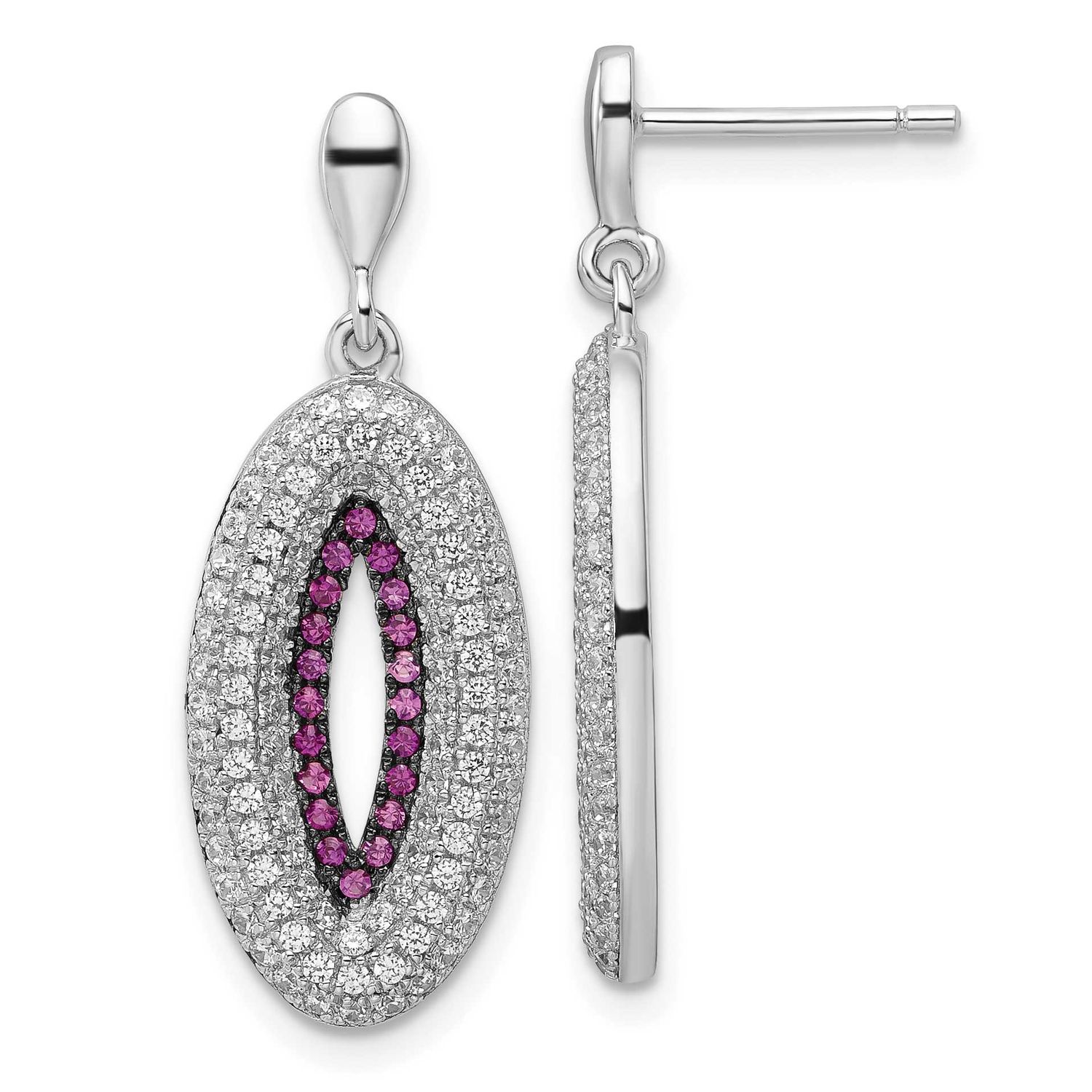 Pink &amp; Clear CZ Brilliant Embers Oval Dangle Post Earrings Sterling Silver QMP704 886774324845