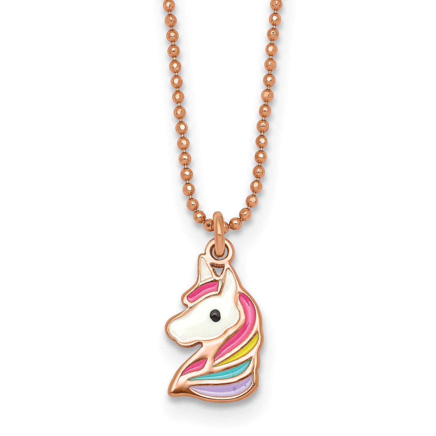 Rose-Tone Polished Enameled Unicorn Children&#39;s Necklace Sterling Silver QG7278-14