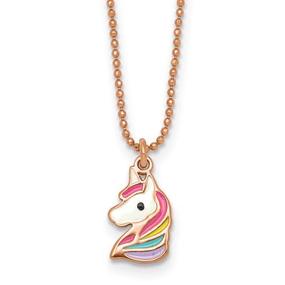 Rose-Tone Polished Enameled Unicorn Children&#39;s Necklace Sterling Silver QG7278-14