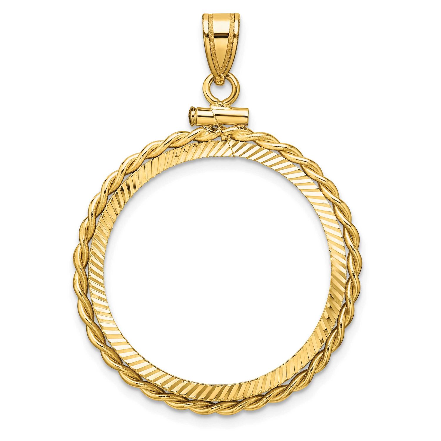 Twisted Wire and Diamond-Cut 25.0mm x 2.35mm Screw Top Coin Bezel Pendant 14k Gold Polished C2271D/…