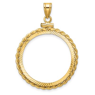 Twisted Wire and Diamond-Cut 25.0mm x 2.35mm Screw Top Coin Bezel Pendant 14k Gold Polished C2271D/…