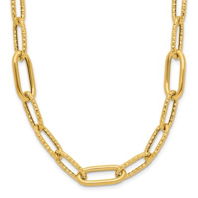 Fancy Paperclip Link Necklace 14k Gold Polished and Textured LF1846-18 196904183144