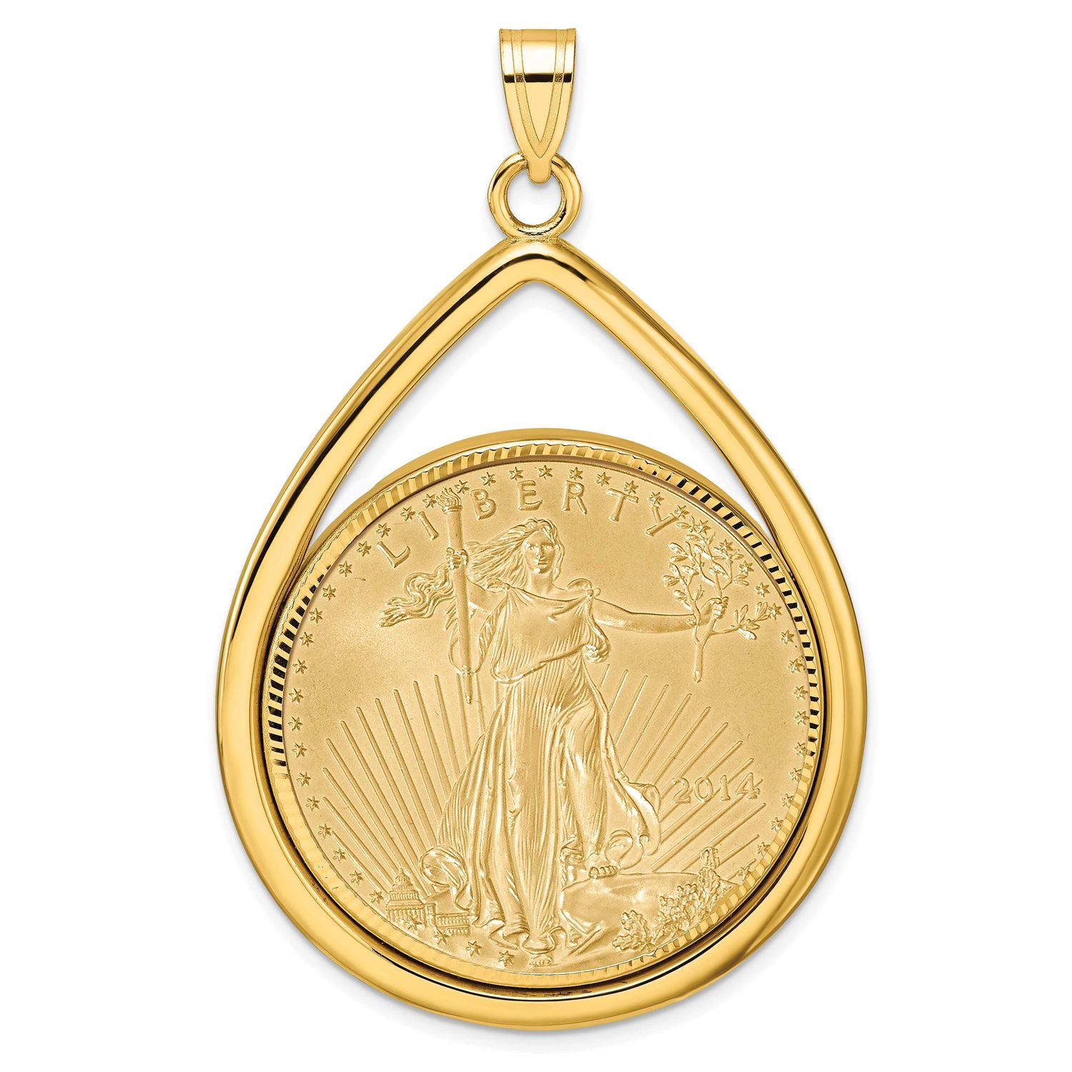 Diamond-Cut Lightweight Tear Drop Prong Mounted 1Oz American Eagle Coin Bezel Pendant 14k Gold C819…