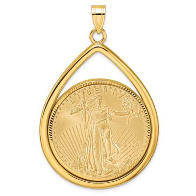 Diamond-Cut Lightweight Tear Drop Prong Mounted 1Oz American Eagle Coin Bezel Pendant 14k Gold C819…