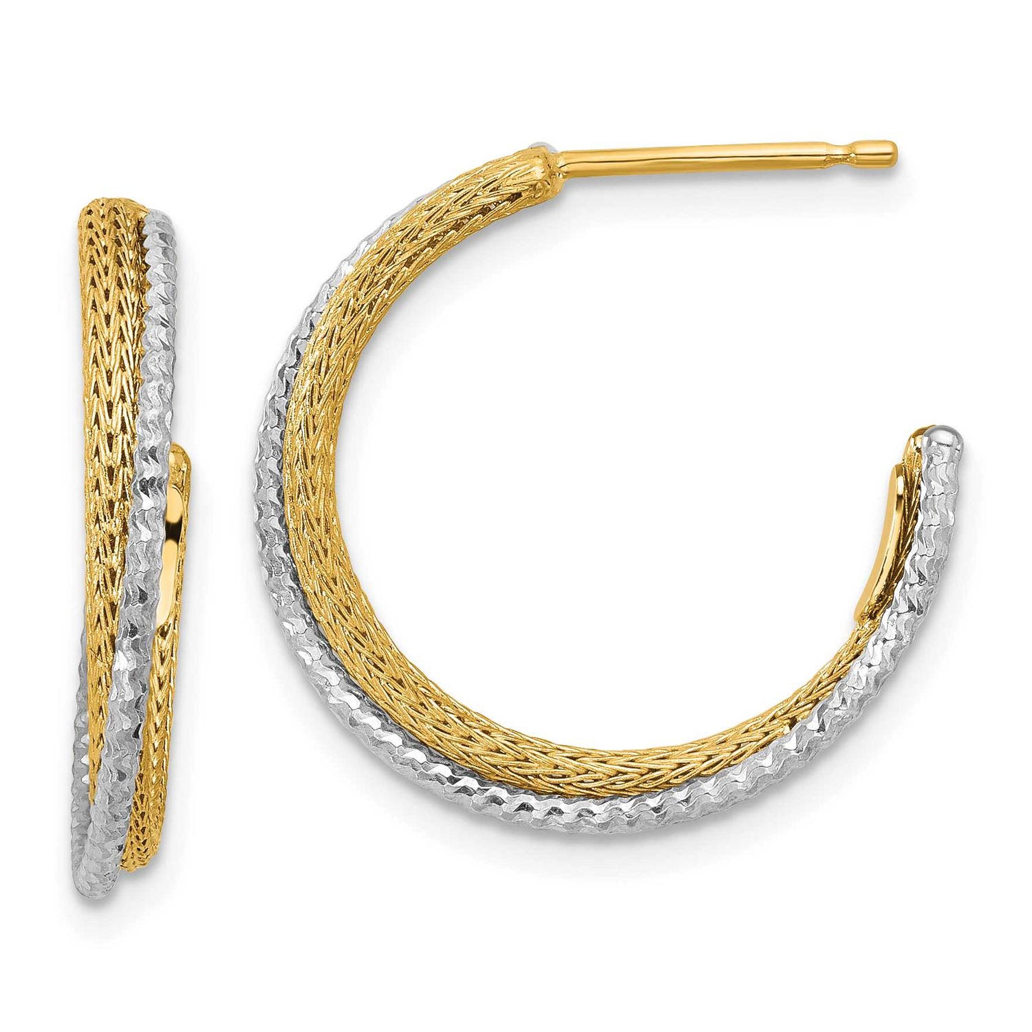 Polished Textured Diamond-Cut J-Hoop Earrings 14k Gold with Rhodium LE2725 196904339176
