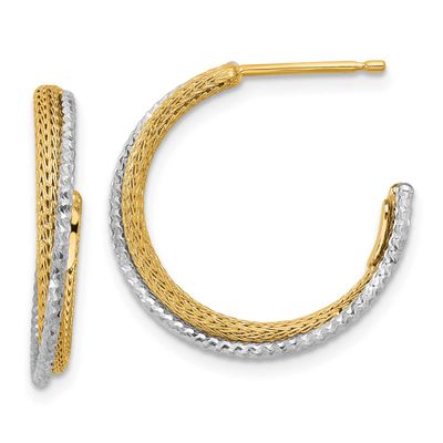 Polished Textured Diamond-Cut J-Hoop Earrings 14k Gold with Rhodium LE2725 196904339176