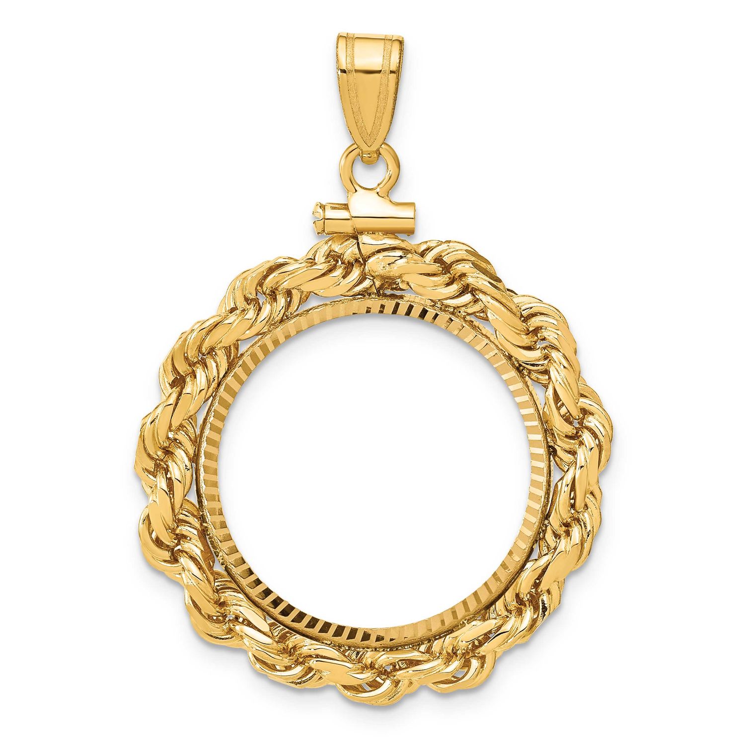 Rope and Diamond-Cut 20.0mm x 2.1mm Screw Top Coin Bezel Pendant 14k Gold Polished C3275D/20.0