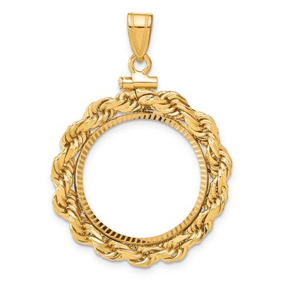 Rope and Diamond-Cut 20.0mm x 2.1mm Screw Top Coin Bezel Pendant 14k Gold Polished C3275D/20.0