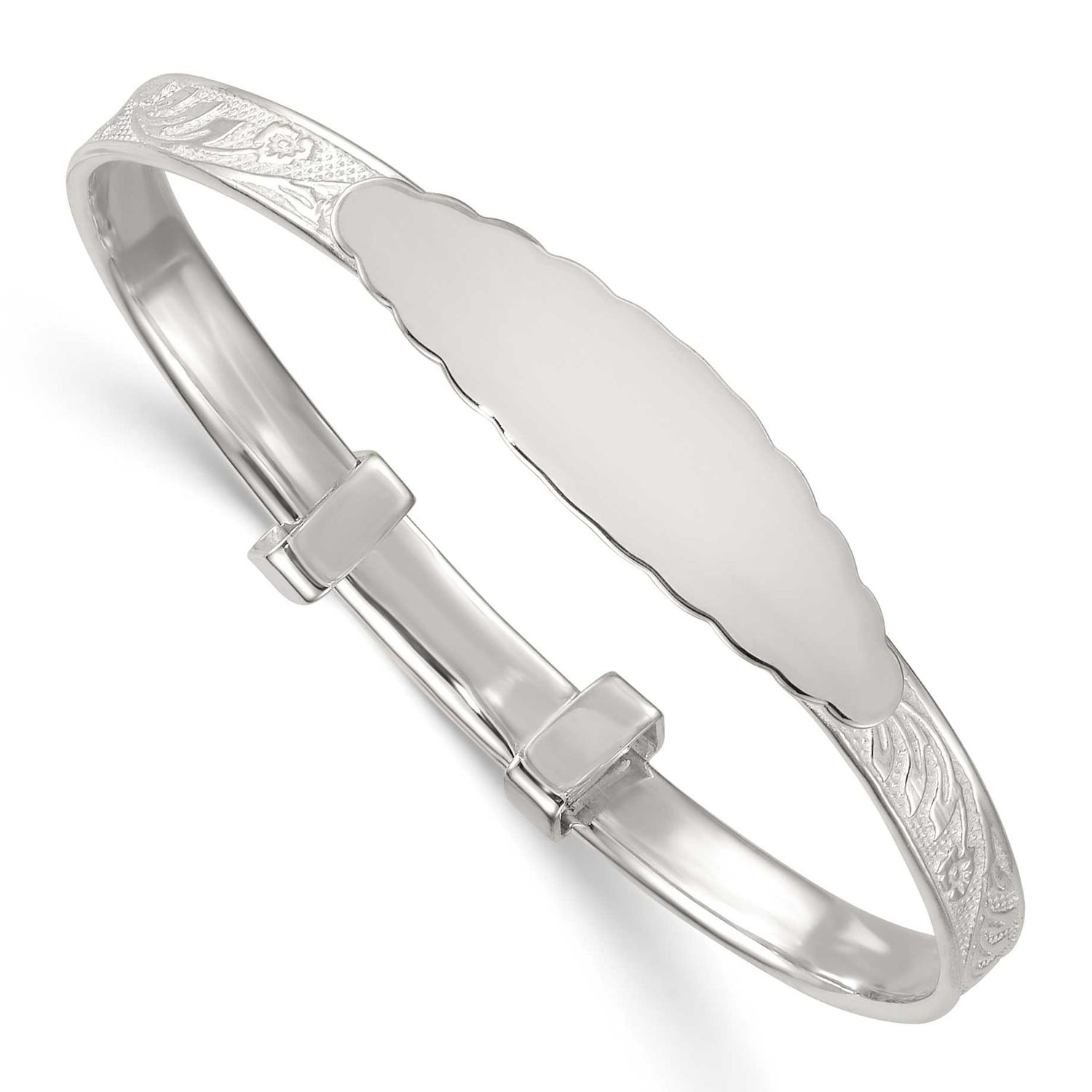 Floral Slip On Children&#39;s ID Expandable Bangle Sterling Silver Polished QB1648