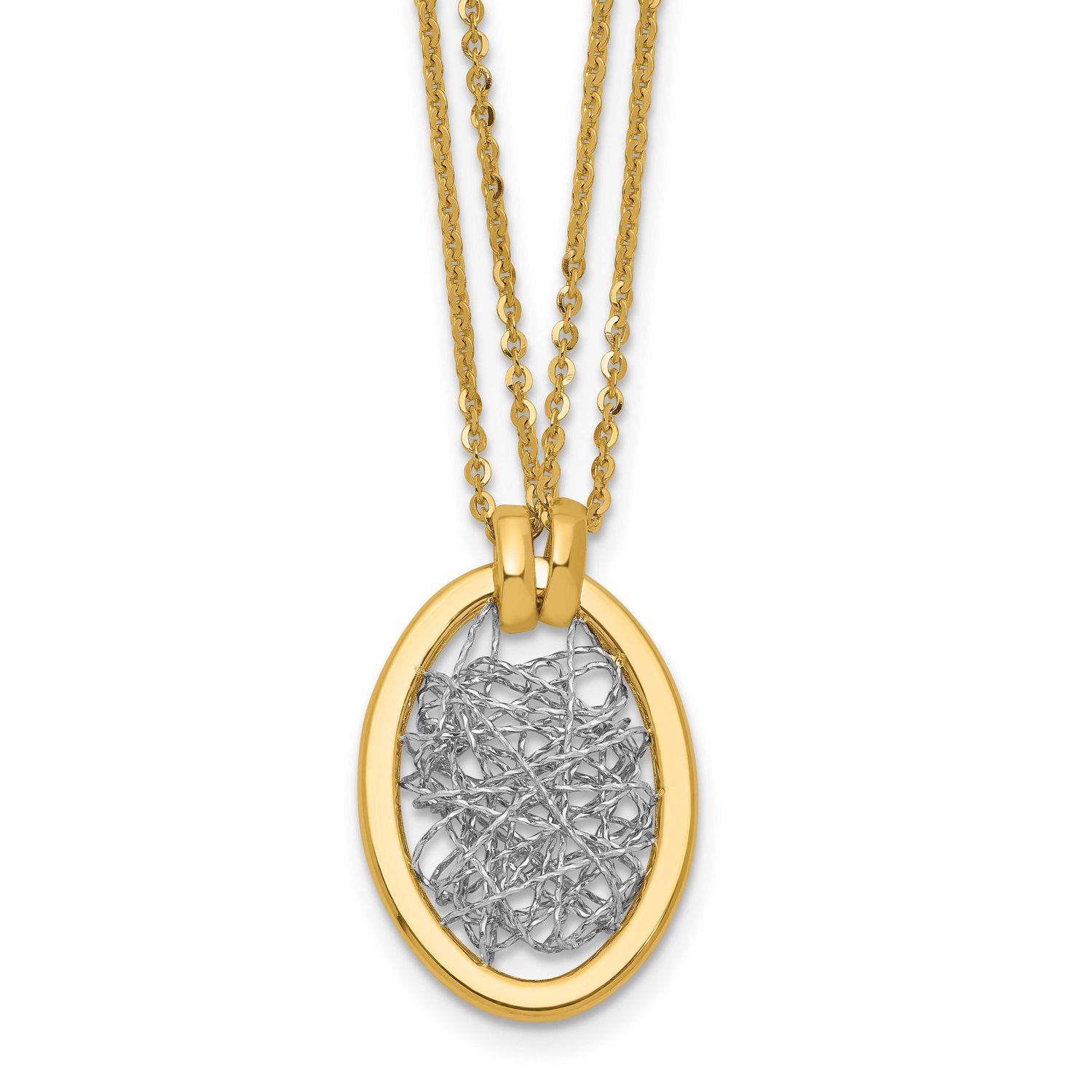 White Rh Polished Diamond-Cut Fancy Oval 2-Strand Necklace 14k Gold LF2184-17.5