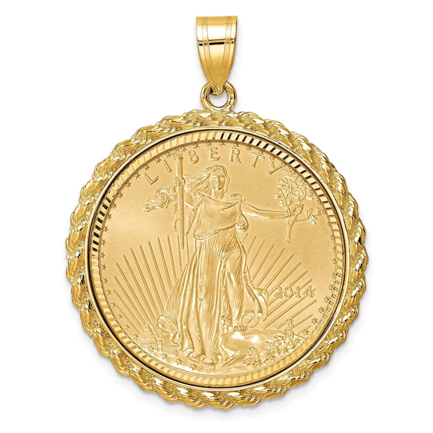 Diamond-Cut Casted Rope Prong Mounted 1/2Oz American Eagle Coin Bezel Pendant 14k Gold C8186/27.0C