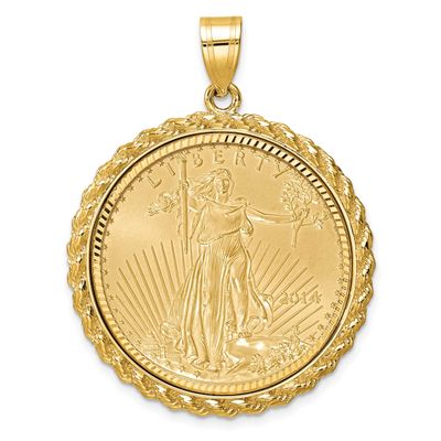 Diamond-Cut Casted Rope Prong Mounted 1/2Oz American Eagle Coin Bezel Pendant 14k Gold C8186/27.0C