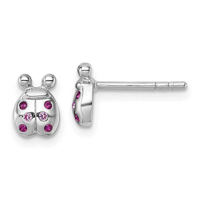 Children&#39;s Pink Red CZ Lady Bug Post Earrings Sterling Silver Rhodium-plated QE18273