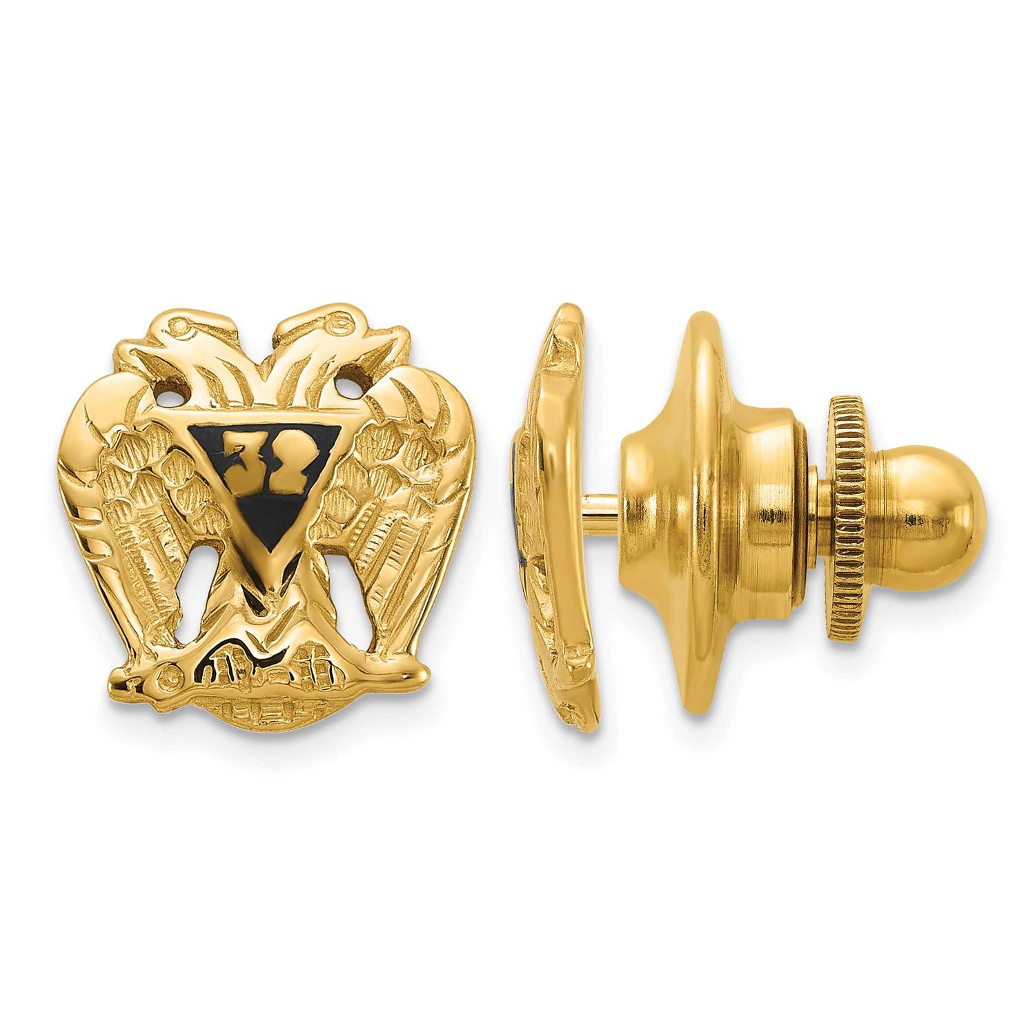 Men&#39;s Polished and Textured with Black Enamel 32 Degree Scottish Rite Masonic Tie / Lapel Pin 14k G…