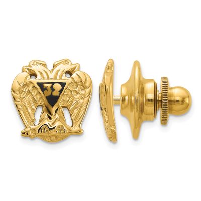 Men&#39;s Polished and Textured with Black Enamel 32 Degree Scottish Rite Masonic Tie / Lapel Pin 14k G…