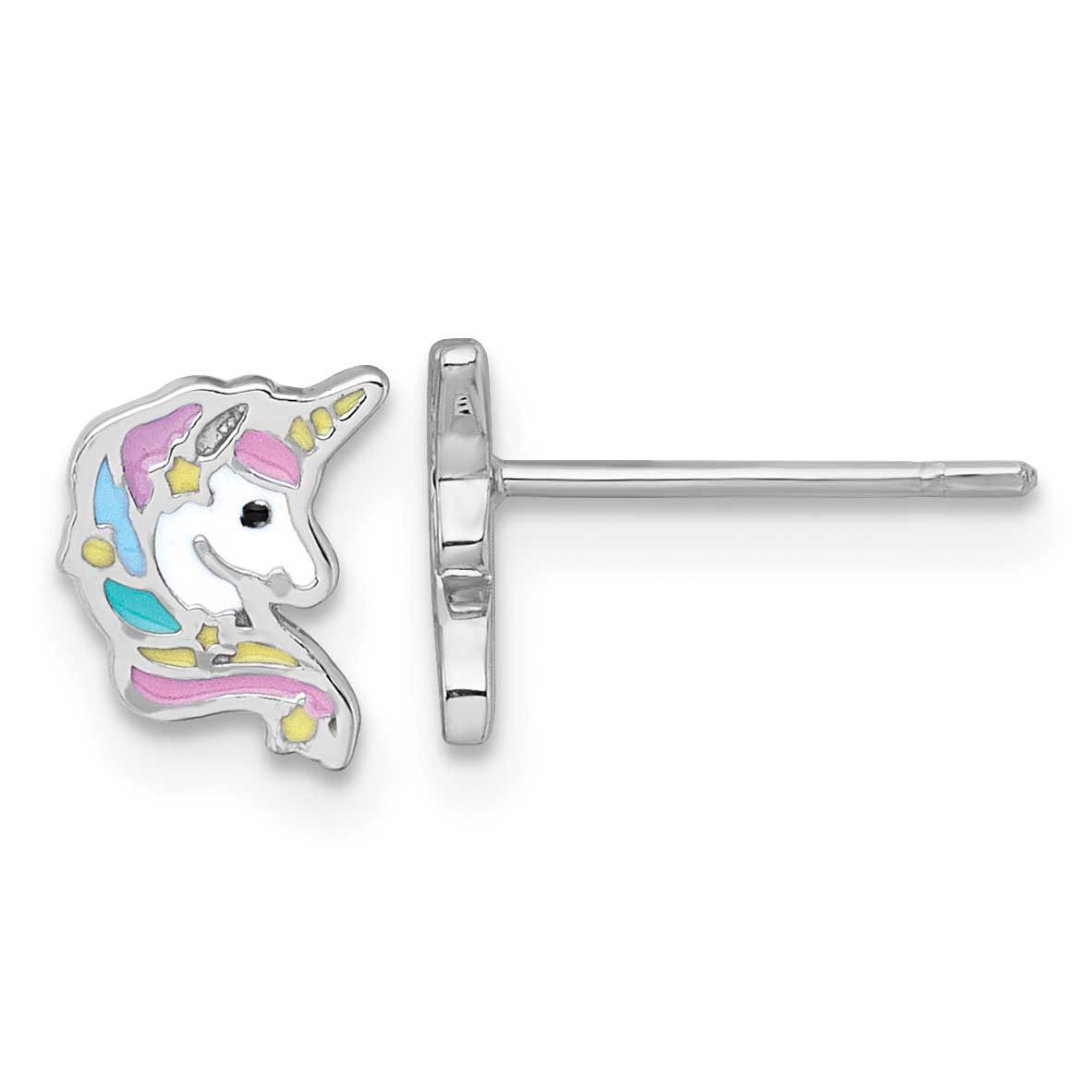 Enamel Unicorn Head Children&#39;s Post Earrings Sterling Silver Rhodium-plated QE18292