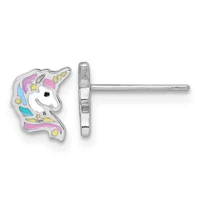 Enamel Unicorn Head Children&#39;s Post Earrings Sterling Silver Rhodium-plated QE18292