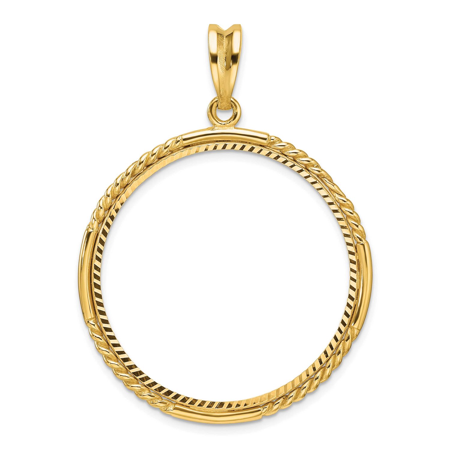 Quadruple Twist and Diamond-Cut 32.0mm Prong Coin Bezel Pendant 14k Gold Polished C1013D/32.0
