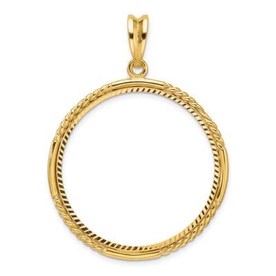 Quadruple Twist and Diamond-Cut 32.0mm Prong Coin Bezel Pendant 14k Gold Polished C1013D/32.0