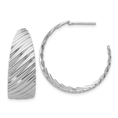 Polished Grooved Left/Right J-Hoop Earrings Sterling Silver Rhodium-plated QLE1484 196904347324