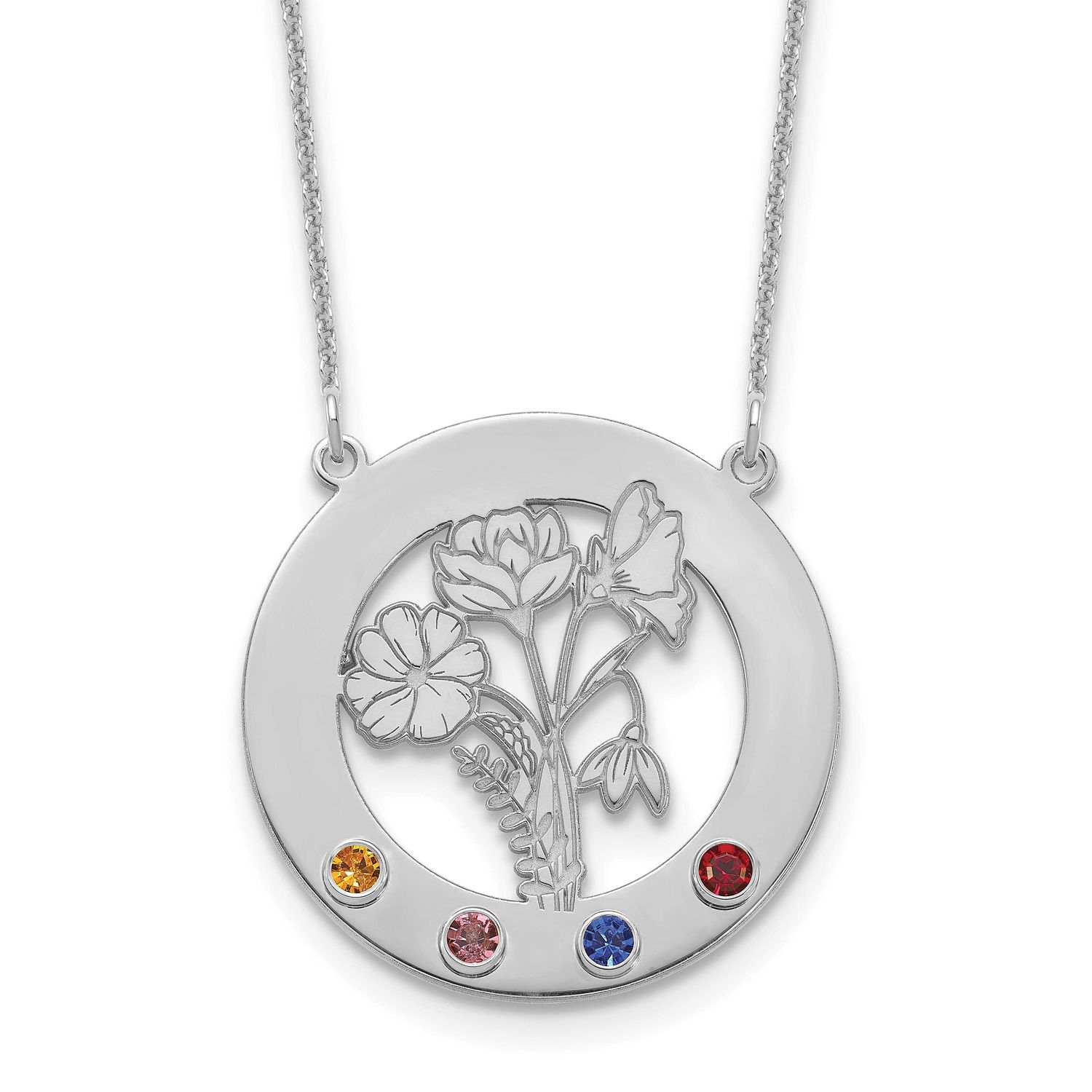 Circle with 4 Birth Flower and Birthstone Necklace 10k White Gold 10XNA1487/4W
