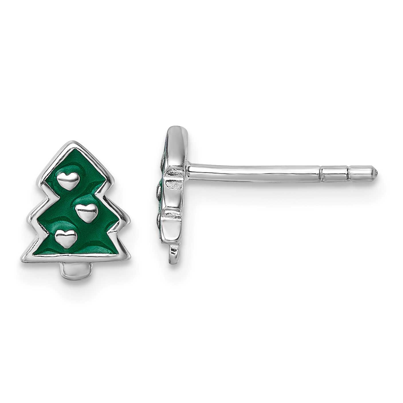 Children&#39;s Green Enamel Christmas Tree with Hearts Post Earrings Sterling Silver Rhodium-plated QE1…