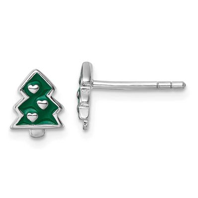Children&#39;s Green Enamel Christmas Tree with Hearts Post Earrings Sterling Silver Rhodium-plated QE1…