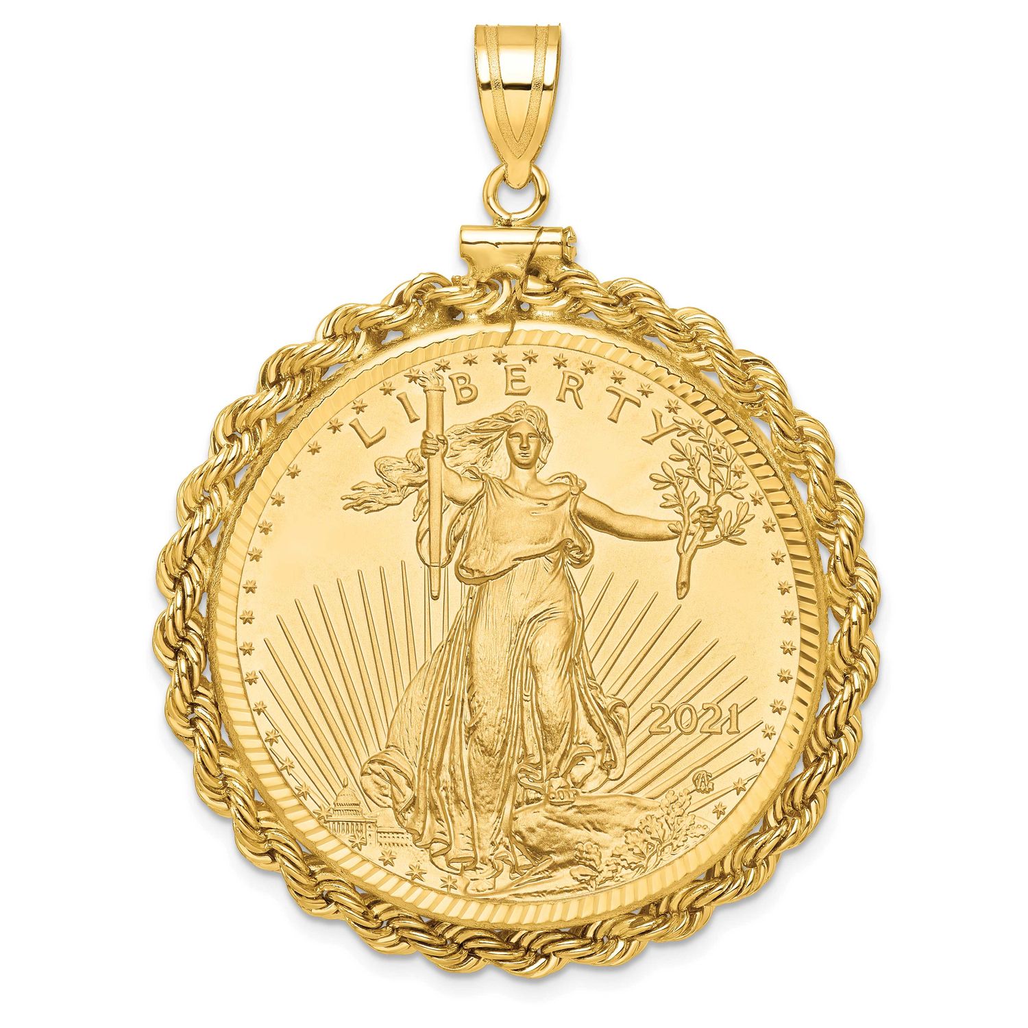 Diamond-Cut Rope Screw Top Mounted 1Oz American Eagle Coin Bezel Pendant 14k Gold C8179/32.7C