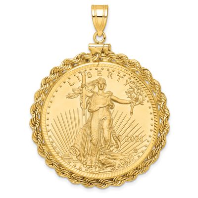Diamond-Cut Rope Screw Top Mounted 1Oz American Eagle Coin Bezel Pendant 14k Gold C8179/32.7C