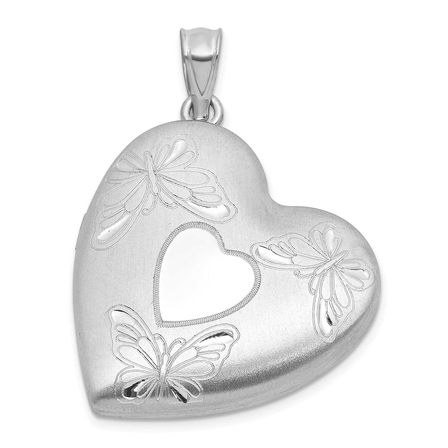 Brushed and Polished Butterfly 24mm Heart Locket Sterling Silver Rhodium-plated QLS1215