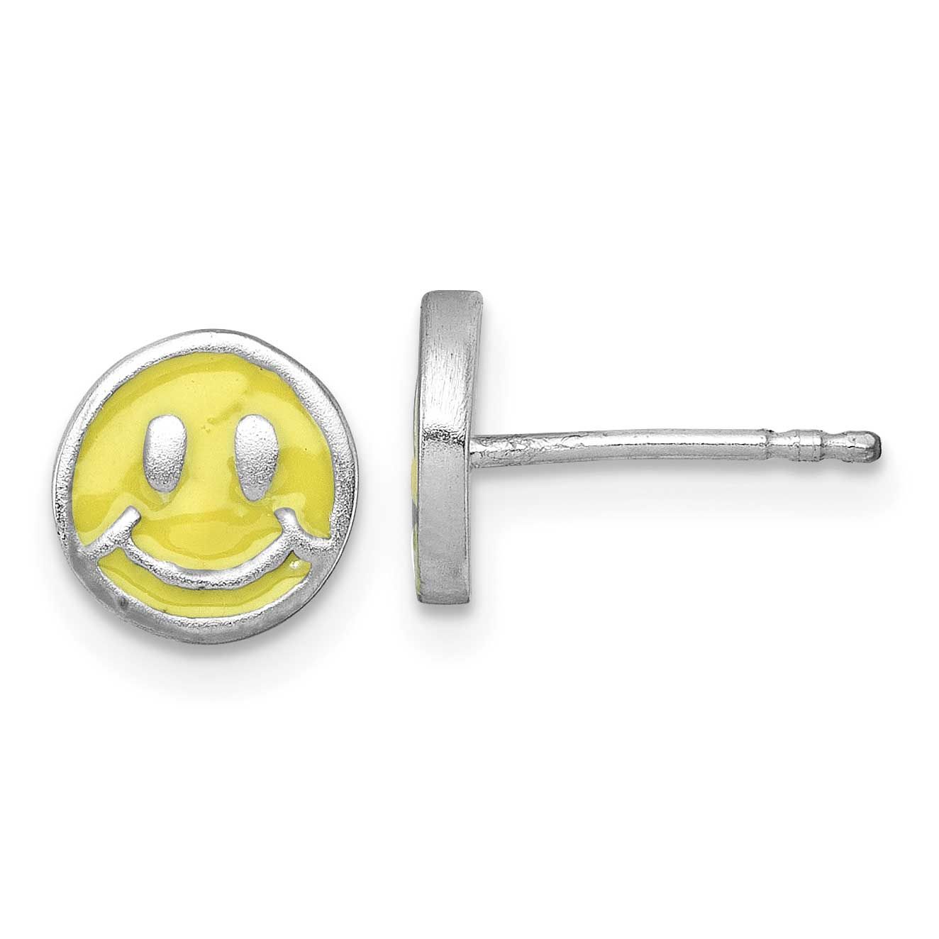 Madi K Enamel Yellow Smiley Face Children&#39;s Post Earrings Sterling Silver Rhodium-plated QE18282