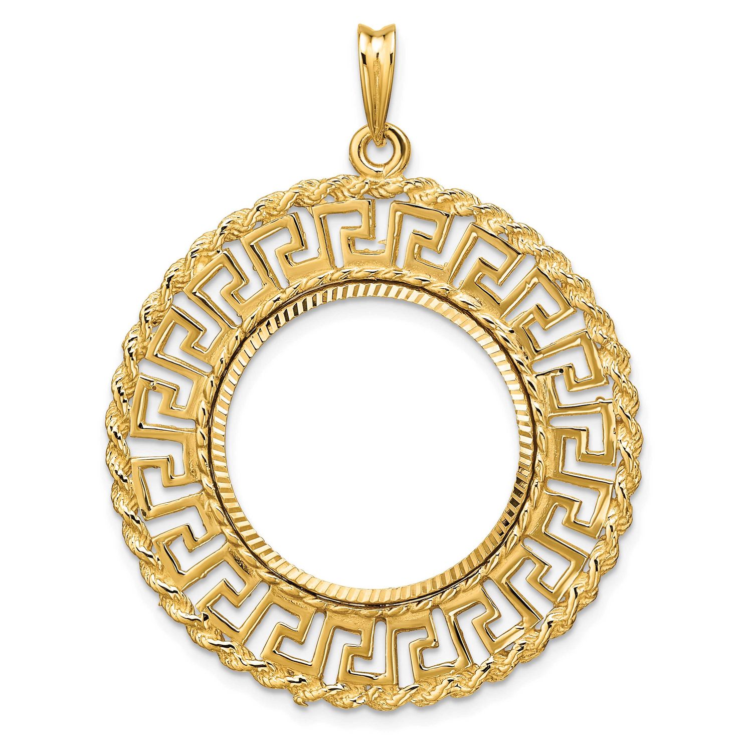 Diamond-Cut Greek Key with Rope Border 21.6mm Prong Coin Bezel Pendant 14k Gold Polished C3013D/21.6