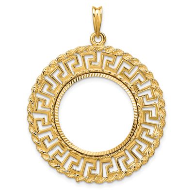 Diamond-Cut Greek Key with Rope Border 21.6mm Prong Coin Bezel Pendant 14k Gold Polished C3013D/21.6
