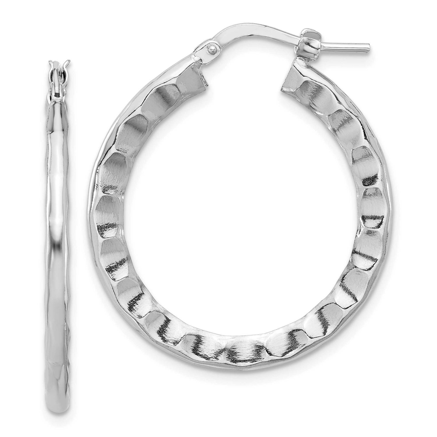 Hammered Hoop Earrings Sterling Silver Rhodium-plated Polished QLE1447
