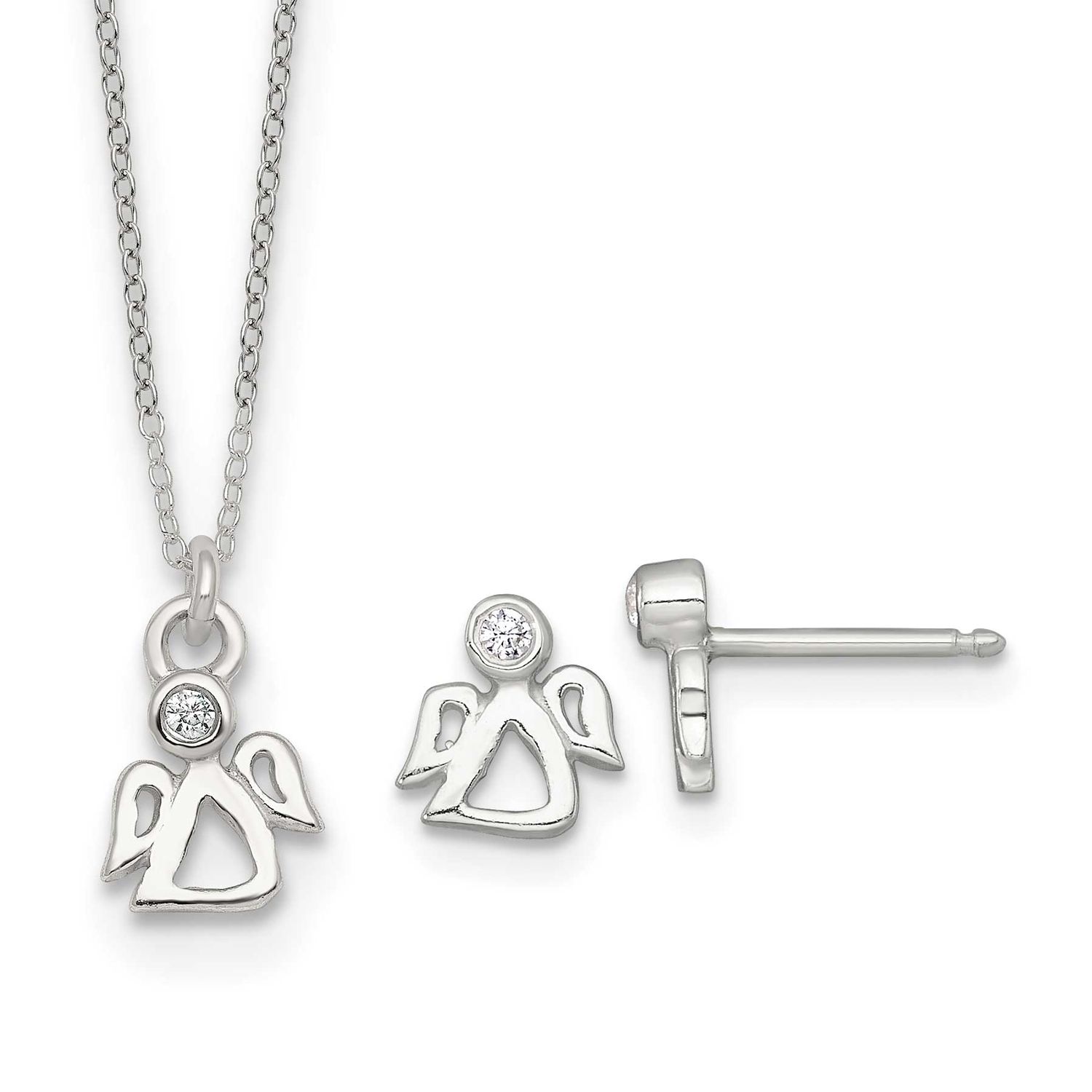 CZ Angel Children&#39;s Post Earring and Necklace Set Sterling Silver QST292SET