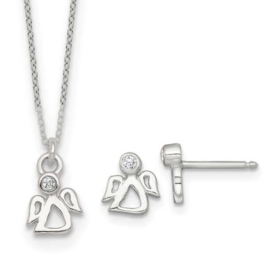 CZ Angel Children&#39;s Post Earring and Necklace Set Sterling Silver QST292SET