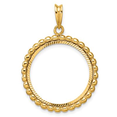 Diamond-Cut with Beaded Edge 21.6mm Prong Coin Bezel Pendant 14k Gold Polished C1011D/21.6